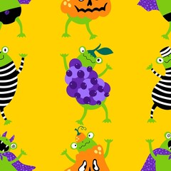 Cartoon Halloween animals carnival costumes seamless frogs and pumpkins pattern for wrapping and kids party