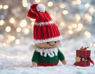 Fototapeta na wymiar Festive Elf Doll in the Snow with Open Gift Box 