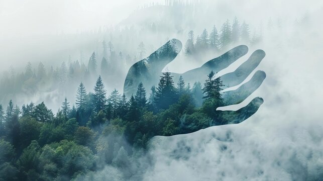 Mystical silhouette of a hand merged with a photograph of a misty forest mountain landscape, abstract double exposure