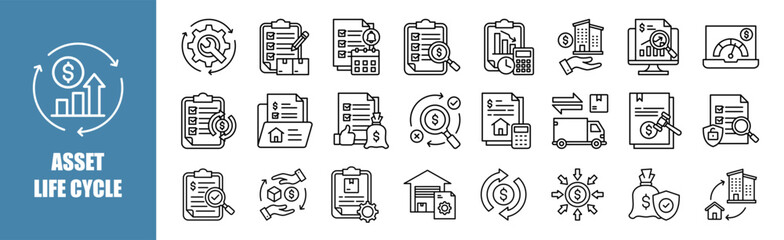 ASSET LIFE CYCLE icon set for design elements	