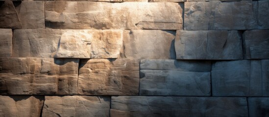 A wall constructed of stone blocks is illuminated by a light fixture