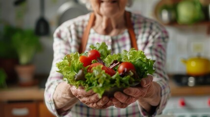 Smiling elderly woman holding fresh vegetable salad, healthy eating concept, blurred kitchen...