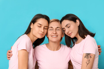 Portrait of beautiful women on blue background. Women history month