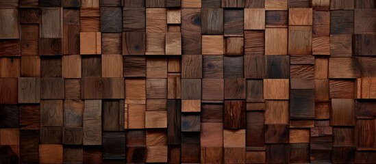 A close up of a wooden wall constructed with brown wooden cubes. This rectangular building material features a unique pattern, showcasing the beauty of hardwood and wood stain
