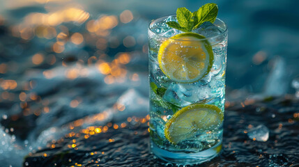  Citrus-Infused Mojito Sparkling On A Sunlit Wet Ocean Shore