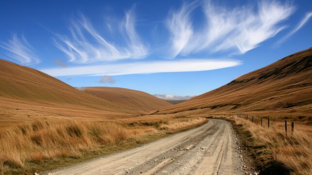  a dirt road in the middle of a grassy field with a hill in the background and a blue sky with wispy clouds.