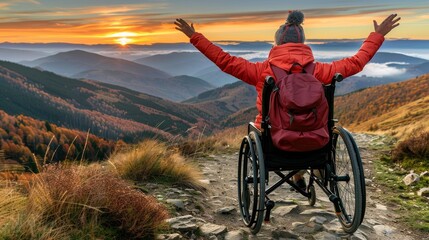 Child in wheelchair uplifted by sunset with majestic mountains in the background