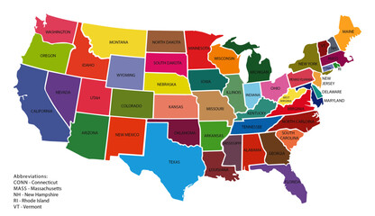USA vector map with individual colors for each state, isolated on transparent or white background. Editable and clear map of United States with state names. Vector illustration.