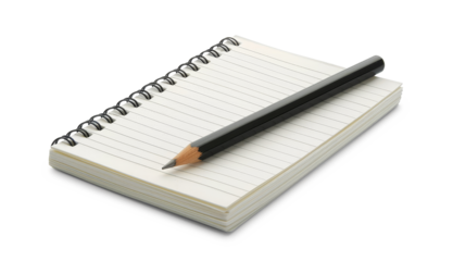 Open notepad with a pen and pencil isolated on a transparent or white background.