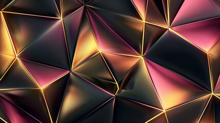 Abstract geometric background with metallic triangles and vibrant colors.