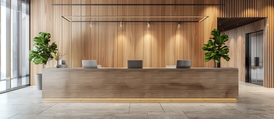 Reception desk featuring two laptops with a conference room in the background, characterized as a corporate office setting. Rendered in 3D with a mock-up design.