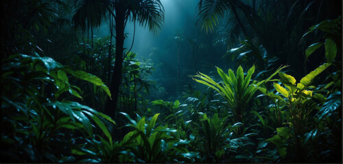 Magical night jungle at night with glowing lights and fog and flying particles