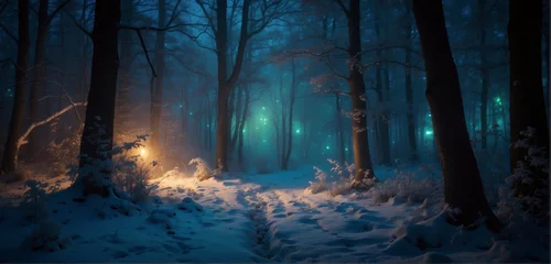 Fotobehang Magical dark fairy tale winter night forest at night with glowing lights and fog and flying particles. © DenisART