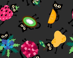 Cartoon summer animals and fruit seamless cats and strawberry and lemon and pears and kiwi pattern