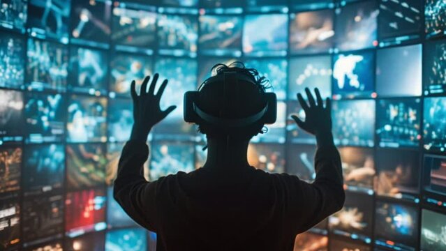 man wearing a virtual reality headset interacting with holographic internet windows video wall, emerging technology concept Generative AI 