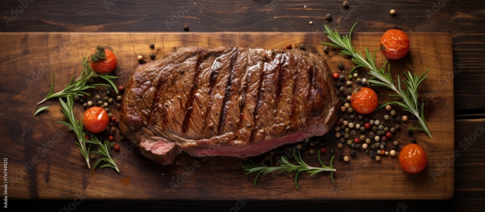 Poster a steak is displayed on a wooden cutting board surrounded by tomatoes and peppers, creating a visual