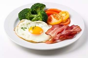 Plate of fried eggs with bacon and vegetables on a white background