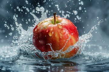 Apple fruit falling into water splash 