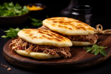 Arepa stuffed with shredded meat on a dark background