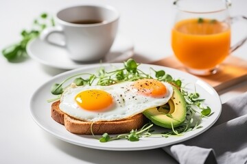 Breakfast with fried eggs, toasts, juice and coffee on a white wooden table