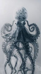 Octopus underwater illustartion isolated on white background. AI generated squid blue tones. Kraken fresh seafood, tentacle sucker