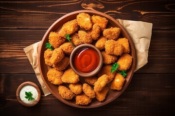Chicken nuggets and sauce on a wooden background, Top view