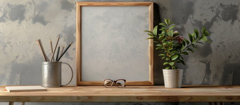 Close-up view of a wooden desk with an empty frame, a flowerpot, a metal mug containing pencils, and eyeglasses set against a concrete backdrop. Mockup.