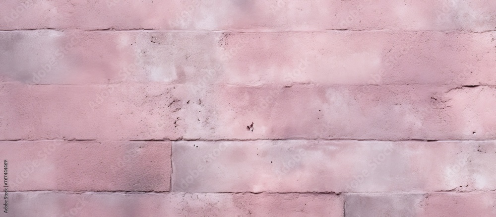 Poster a close up of a rectangular patterned pink brick wall with tints of violet and magenta, parallel lin