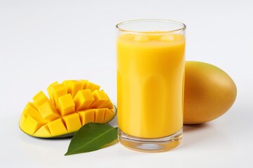 Glass of mango juice with mango slice on a white background