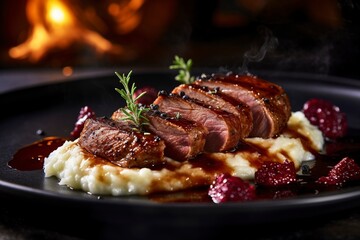 Glazed duck fillet, mashed potatoes seasoned with truffle oil, fig and aniseed sauce