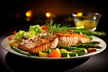 Grilled salmon with asparagus, pea, yellow peppers, carrots and spring onions on white plate