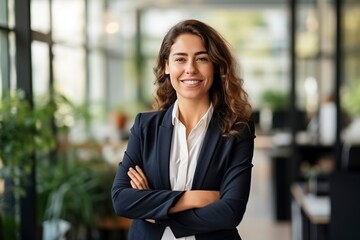 Happy businesswoman with arms crossed gesture standing at the office