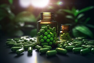 Herbal pills with bottle on background