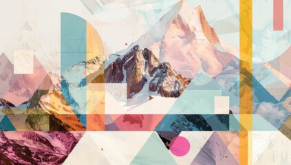 Abstract collage of geometric shapes and colorful patterns on top, surrounded stylized mountain peaks with snowcapped rocks Generative AI