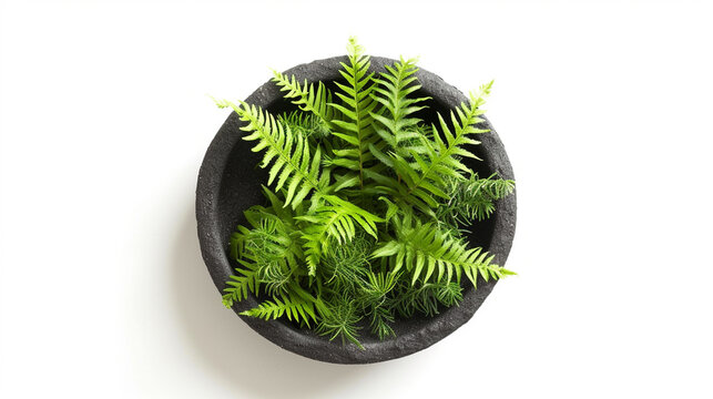 Korean fern bracken herb in the in the black pottery. Isolated on white background. Generative Ai