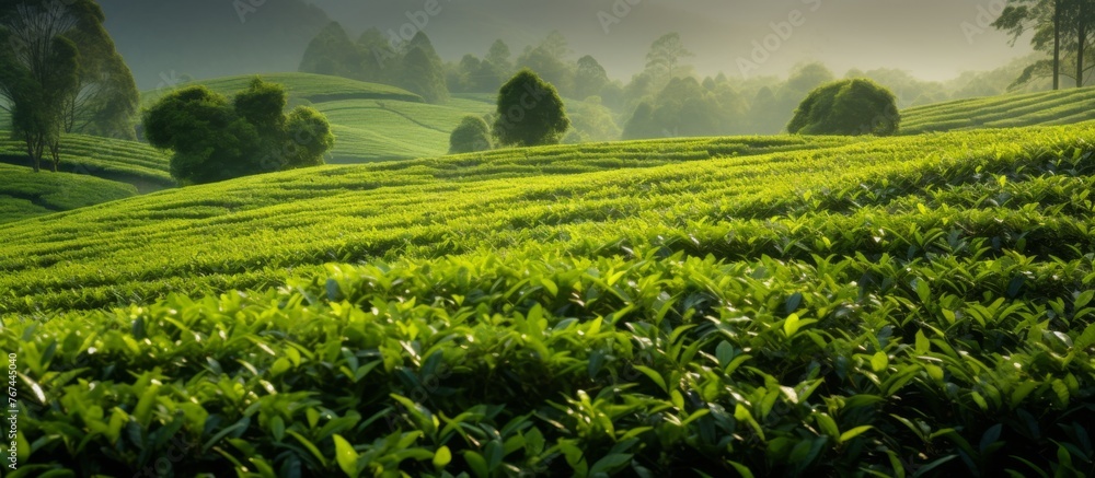 Poster a lush field of green grass with trees in the background, creating a natural landscape filled with t
