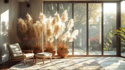 The tranquility of neutral pampas grass and reeds, illuminated by gentle sunlight. - obrazy, fototapety, plakaty