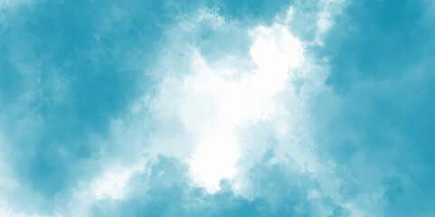 green watercolor background. Blue sky with beautiful natural white clouds
