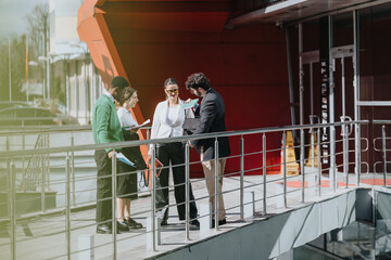 Group of professionals engaged in a business meeting under the sun in an urban setting, reflecting contemporary corporate lifestyle.