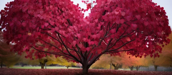 Foto op Canvas A tree with red leaves shaped like a heart stands out in the natural landscape, surrounded by green grass and delicate branches. The vibrant tints and shades create a stunning and romantic scene © AkuAku