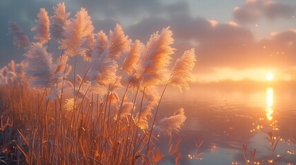 The tranquility of neutral pampas grass and reeds, illuminated by gentle sunlight. - obrazy, fototapety, plakaty