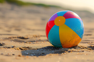 a colorful beach ball bouncing on the sand, its vibrant hues and playful patterns inviting...