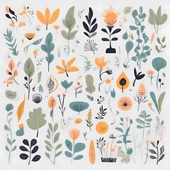 A collection of seamless pattern, colorful abstract plants and flowers. Hand drawn Collection of leaves and flowers. A close up of a pattern of flowers and leaves.
