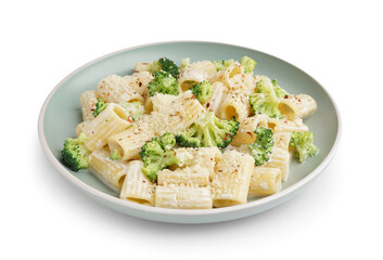 Plate of tasty pasta with broccoli on white background