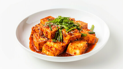 Fototapeta premium Koreańska przystawka, pikantne duszone tofu na białym tle. Generative Ai