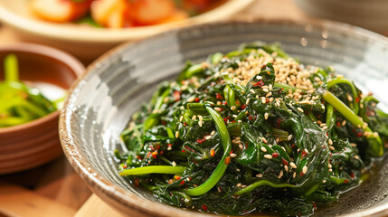 Korean spinach salad Sigeumchi namul, Korean side dish. Generative Ai