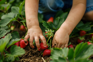 a child's hands picking ripe strawberries from a garden patch, their plump and juicy goodness a delicious reward for a day spent outdoors in the summer sun - obrazy, fototapety, plakaty