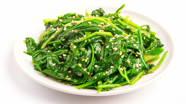 Korean spinach salad Sigeumchi namul on white background . Generative Ai