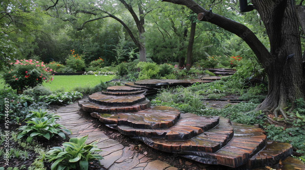 Poster a brick walkway with a tree in the background. the walkway is made of bricks and has a spiral design