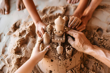  a family's hands building a sandcastle together, each member contributing to the creation of a sandy masterpiece and bonding over shared summertime memories